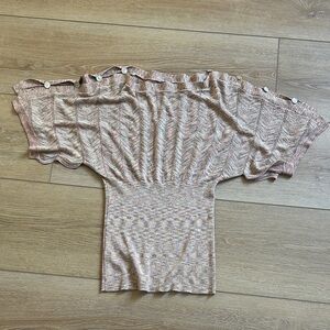 XOXO Soft Knit Off-Shoulder Top in Blush Peach, taupe, ivory w gold threads. Med